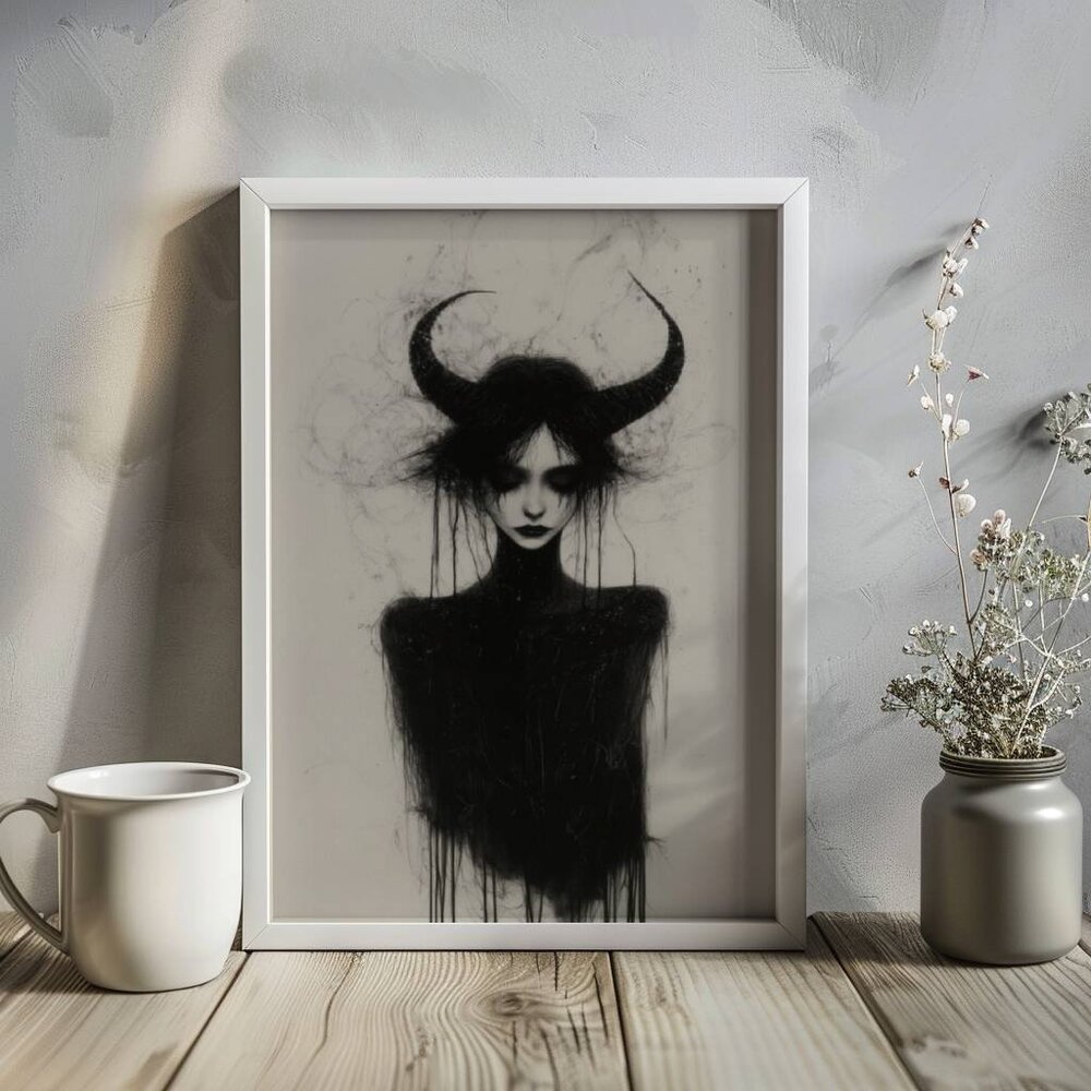 Original Girl With Horns Art Print + Digital Copy, Paint Drip Sketch